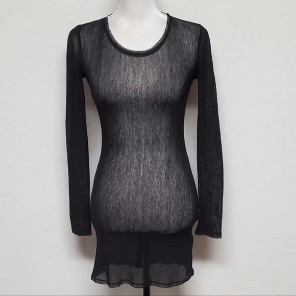 Alice & Olivia Black Sheer Mesh Satin Crewneck Long Sleeve Mini Bodycon Dress XS Long Sleeve